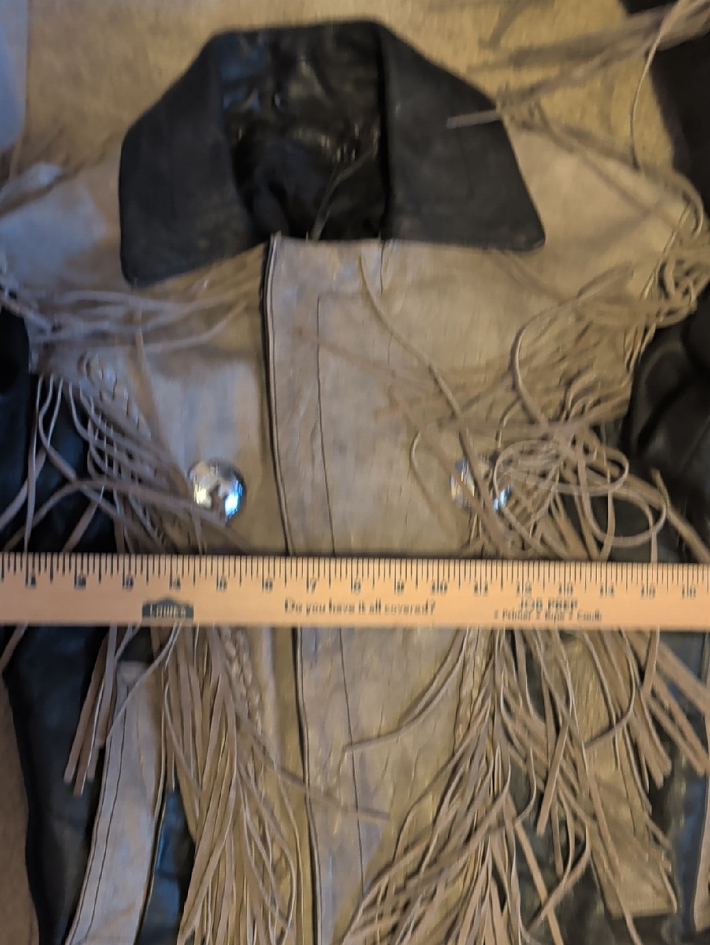 Two-Tone Fringed Leather Moto Jacket in Gray and Black - Picture 8 of 10